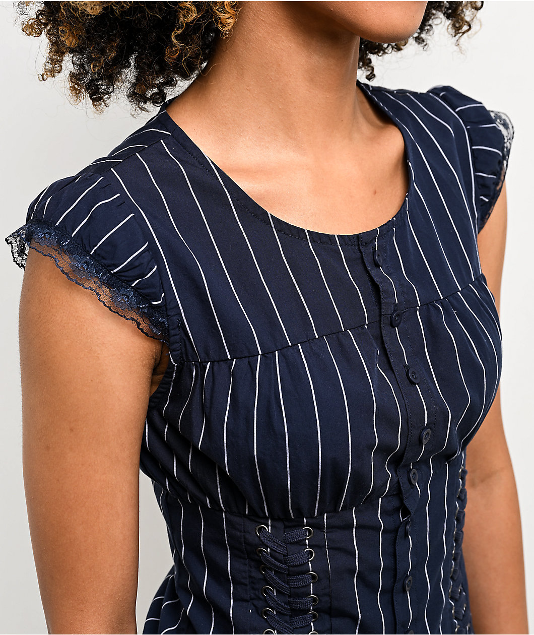 Ninth Hall Adrian Blue Pinstripe Button Up Top