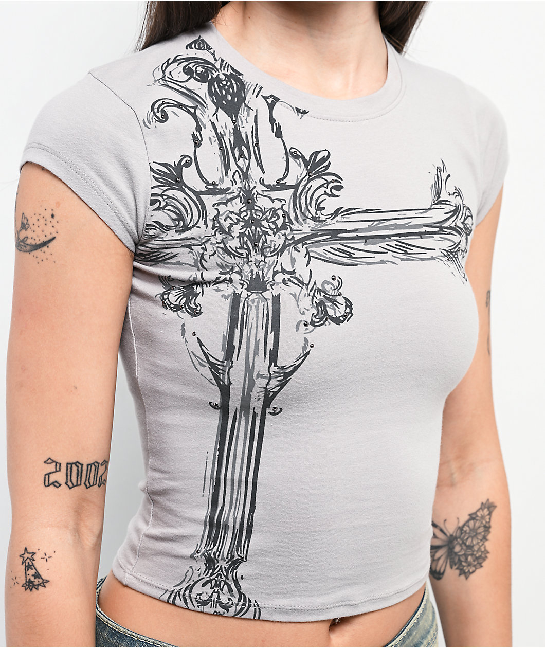 Ninth Hall Alina Cross Grey Crop T-Shirt