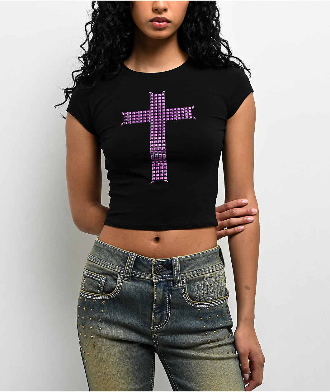 Ninth Hall Alina Studs Cross Black Crop T-Shirt