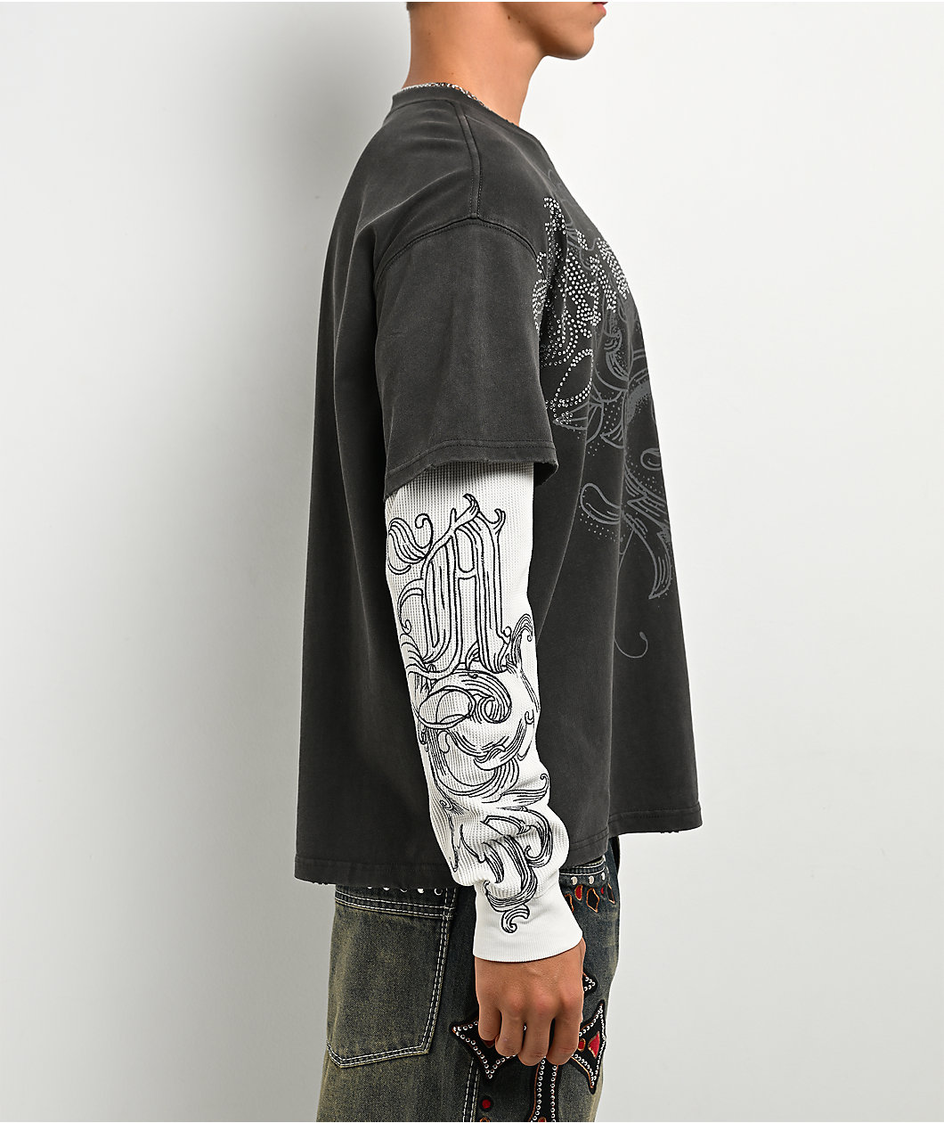 Ninth Hall All At Once Charcoal Wash & White 2fer Long Sleeve T-Shirt