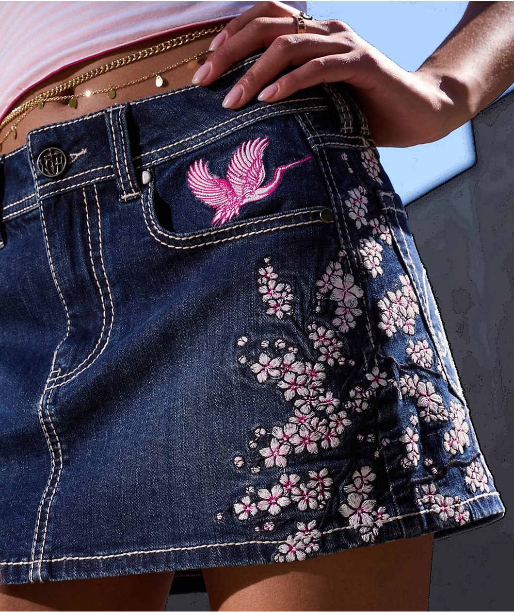 Ninth Hall Alyssia Cherry Blossom Blue Wash Mini Skirt