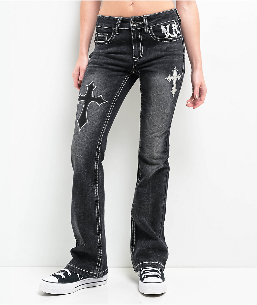 Ninth Hall Alyssia Cross Scratch Wash Mid Rise Flare Jeans