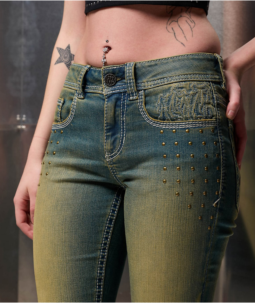 Ninth Hall Alyssia Nailheads Blue Wash Bootcut Jeans