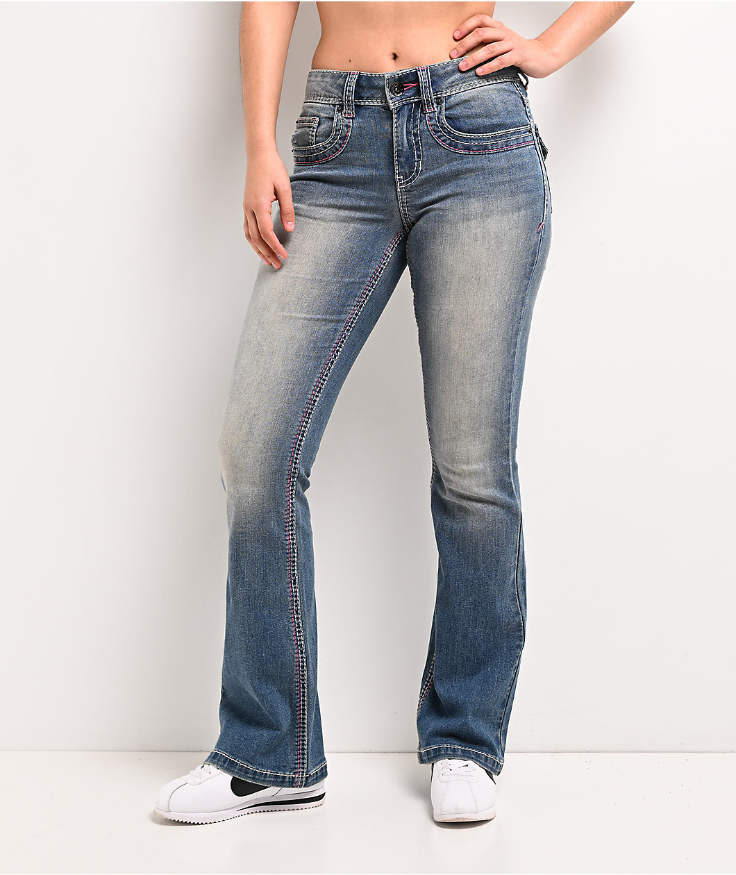 Ninth Hall Alyssia Pink Stitch Blue Wash Bootcut Jeans