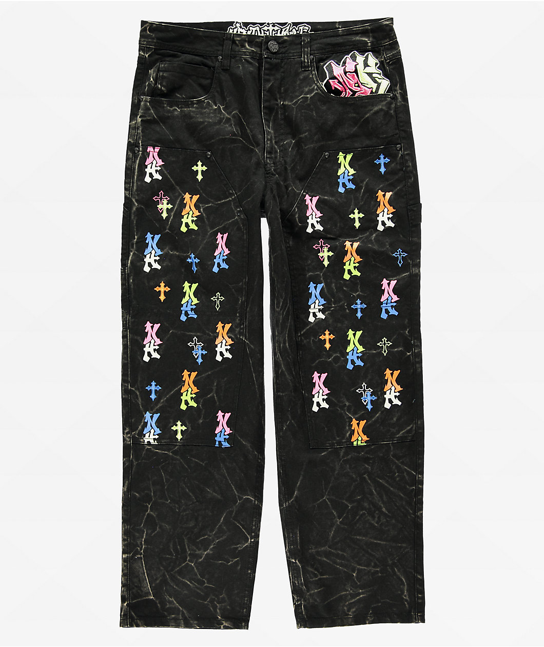 Ninth Hall Ambush Painter Graff Crosses Black Wash Loose Fit Carpenter Jeans