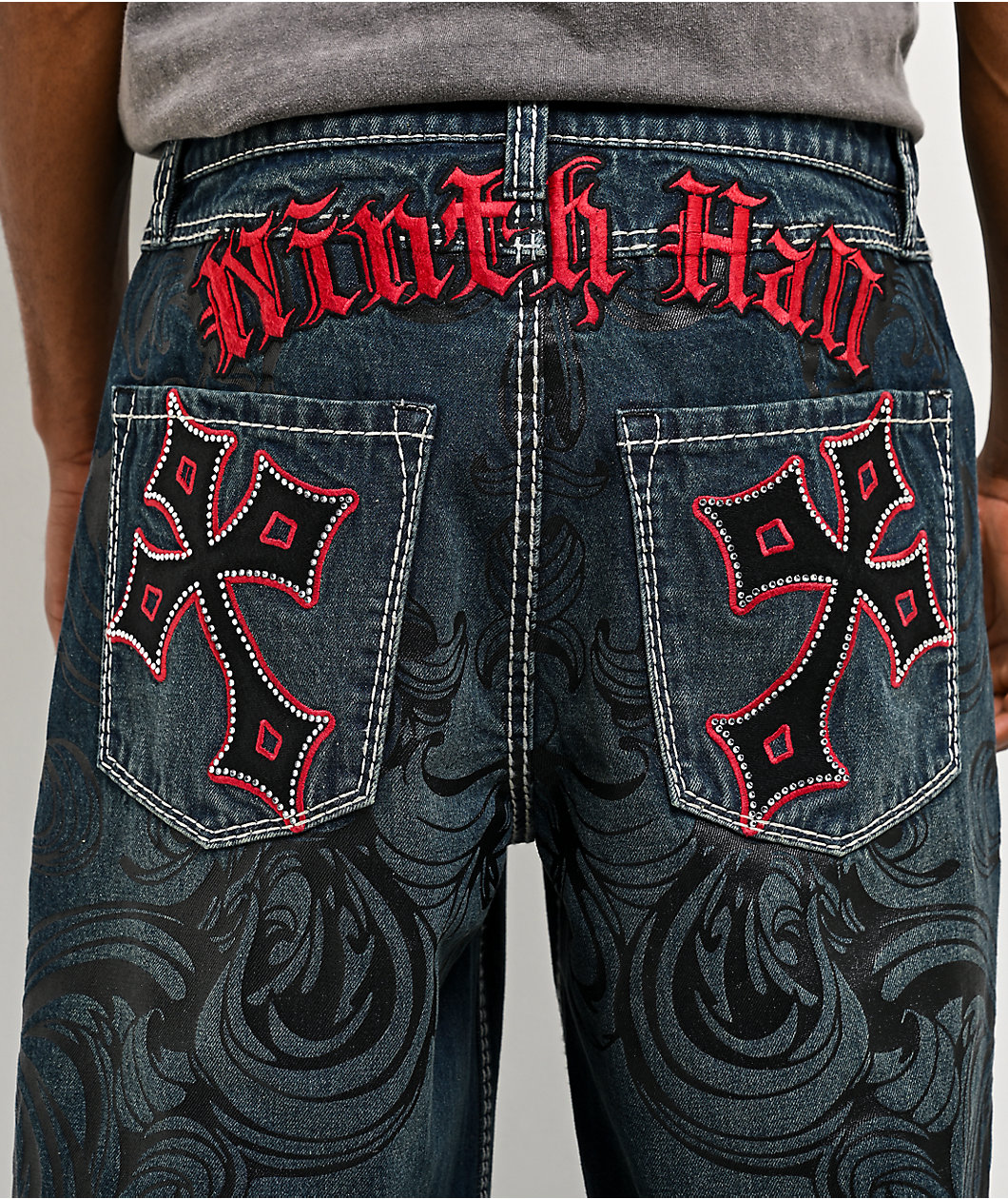 Ninth Hall Ambush Royal Cross Rhinestone Blue Wash Jeans
