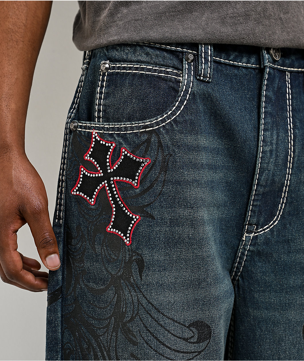 Ninth Hall Ambush Royal Cross Rhinestone Blue Wash Jeans