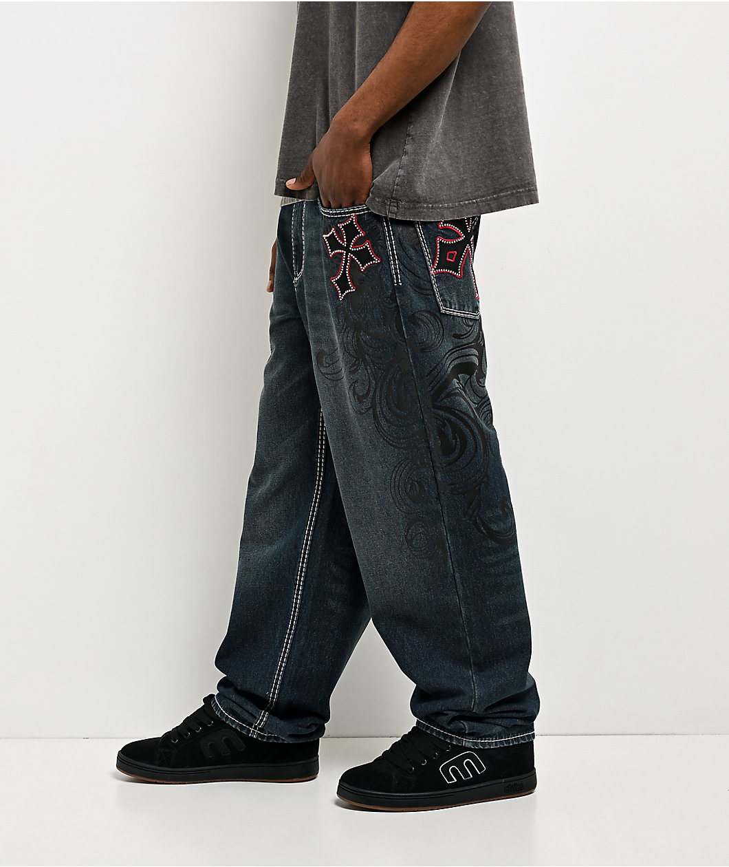 Ninth Hall Ambush Royal Cross Rhinestone Blue Wash Jeans