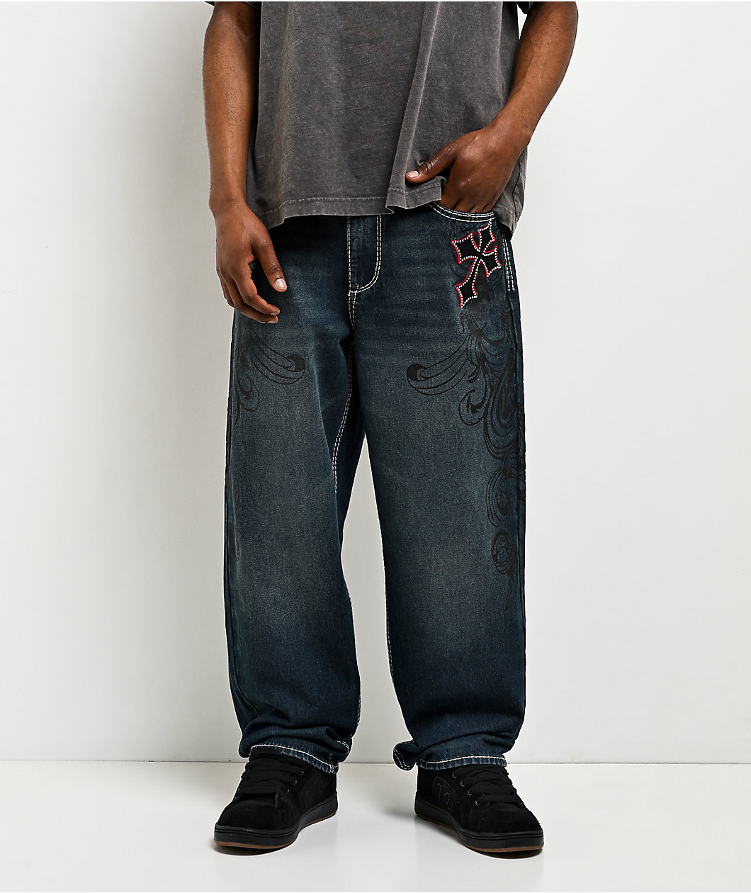 Ninth Hall Ambush Royal Cross Rhinestone Blue Wash Jeans