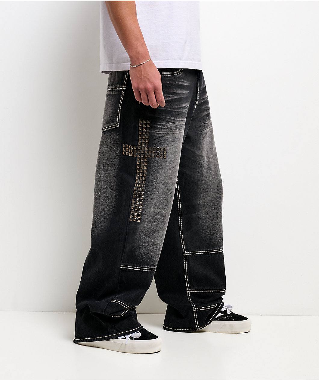 Ninth Hall Ashtray Disciple Stud Cross Black Wash Loose Fit Jeans