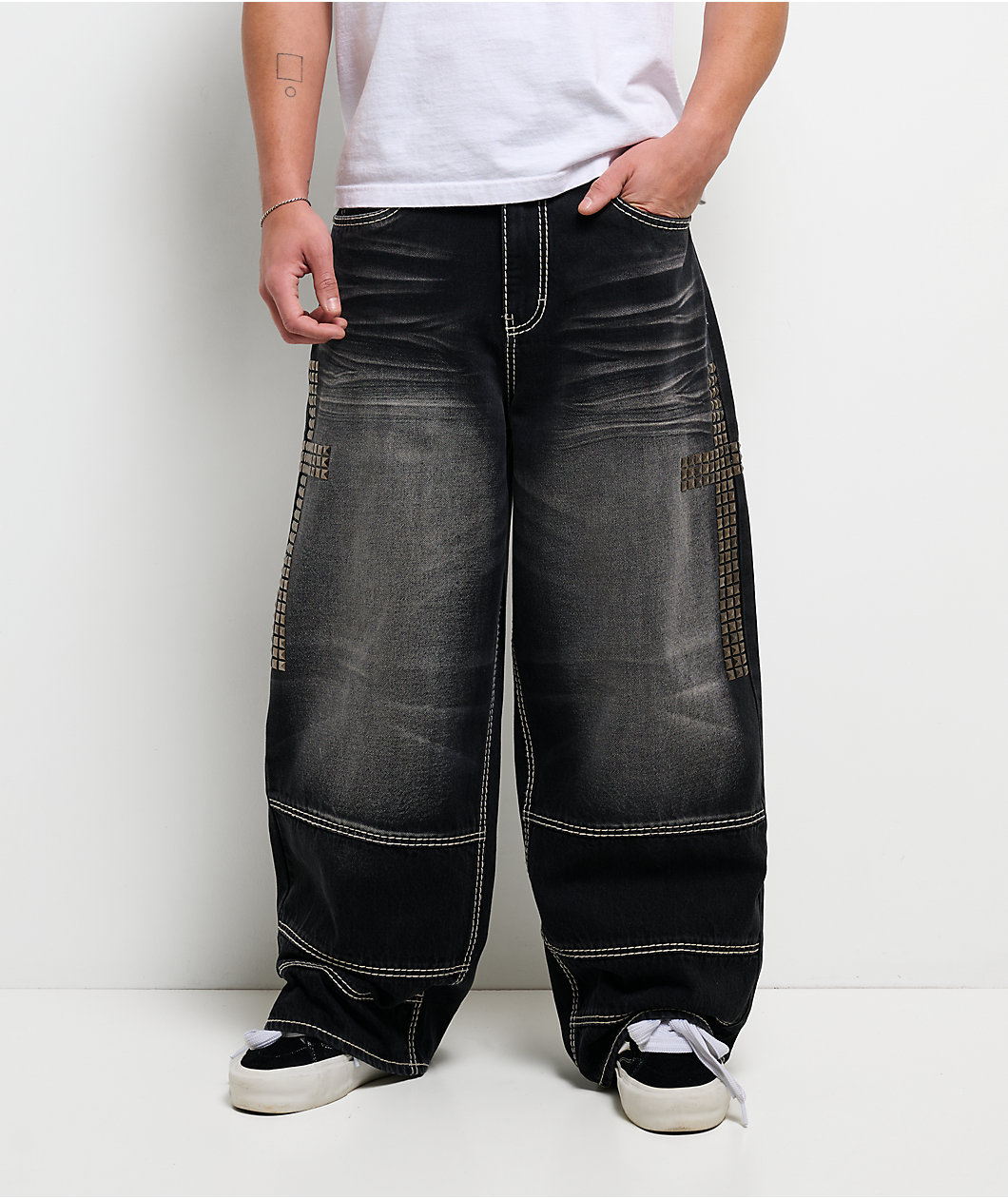 Ninth Hall Ashtray Disciple Stud Cross Black Wash Loose Fit Jeans