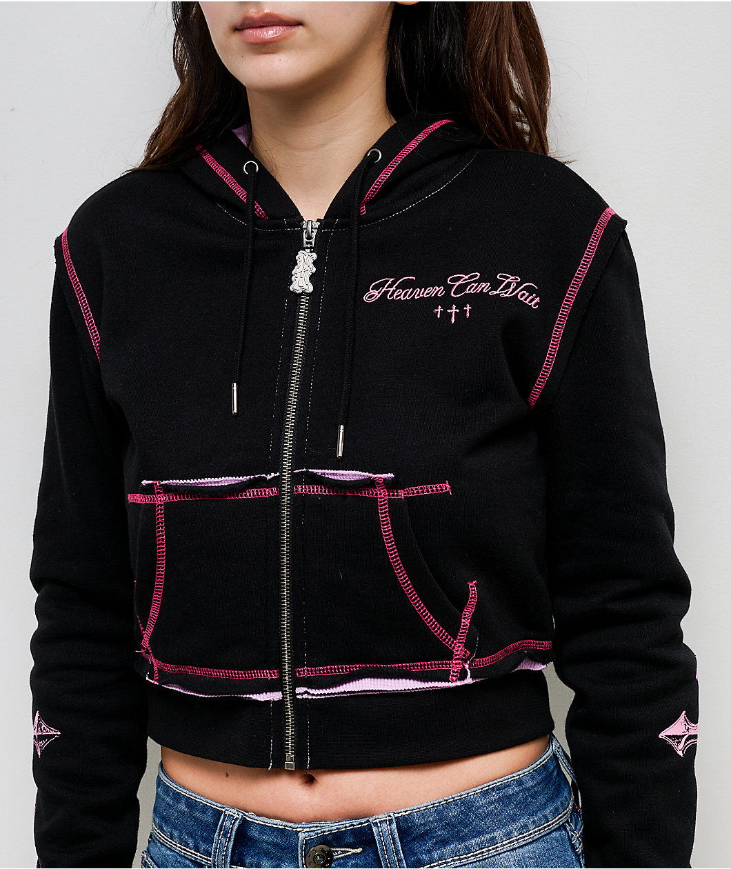 Ninth Hall Avani Black Thermal Crop Zip Hoodie