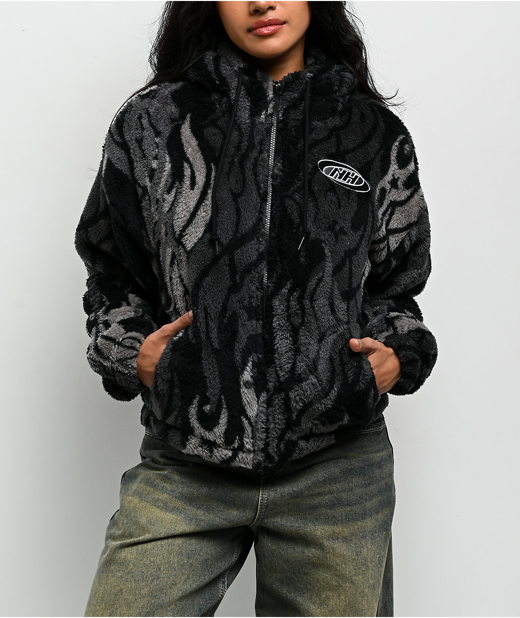 Ninth Hall Aven Flames Grey Sherpa Zip Hoodie