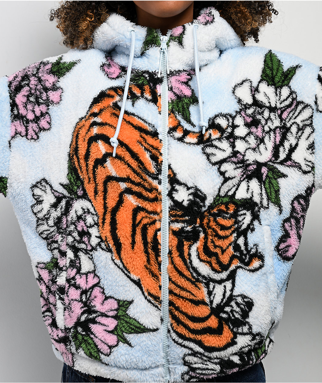 Ninth Hall Aven Tiger Cherry White & Blue Sherpa Zip Hoodie