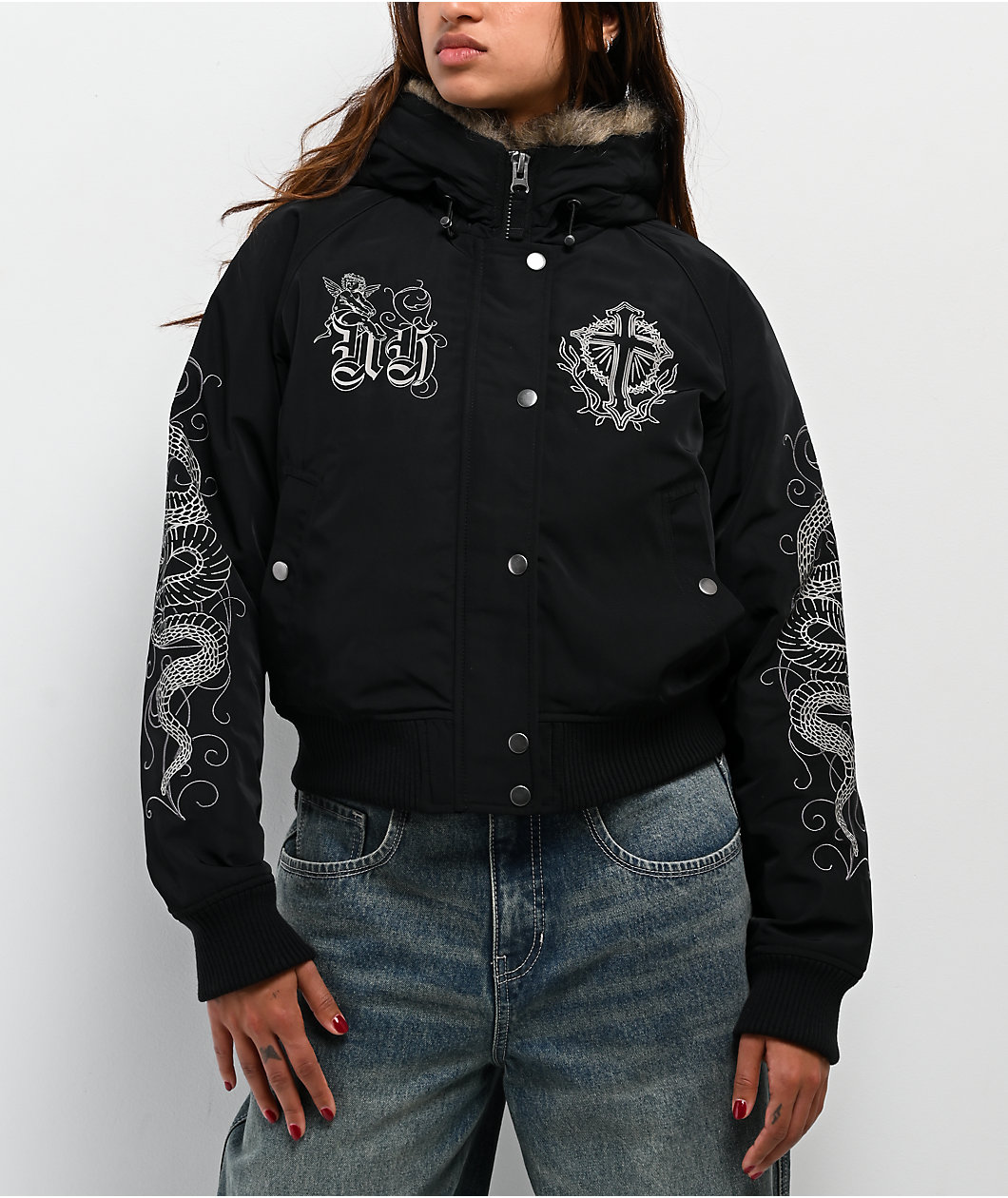 Ninth Hall Ayla Faux Fur Trim Black Hooded Bomber Jacket