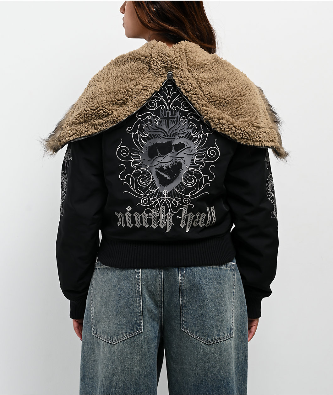 Ninth Hall Ayla Faux Fur Trim Black Hooded Bomber Jacket