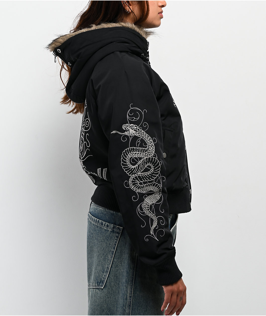 Ninth Hall Ayla Faux Fur Trim Black Hooded Bomber Jacket