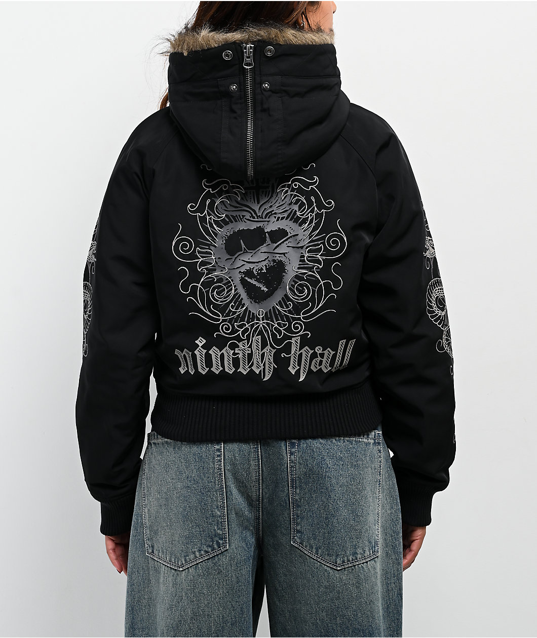 Ninth Hall Ayla Faux Fur Trim Black Hooded Bomber Jacket