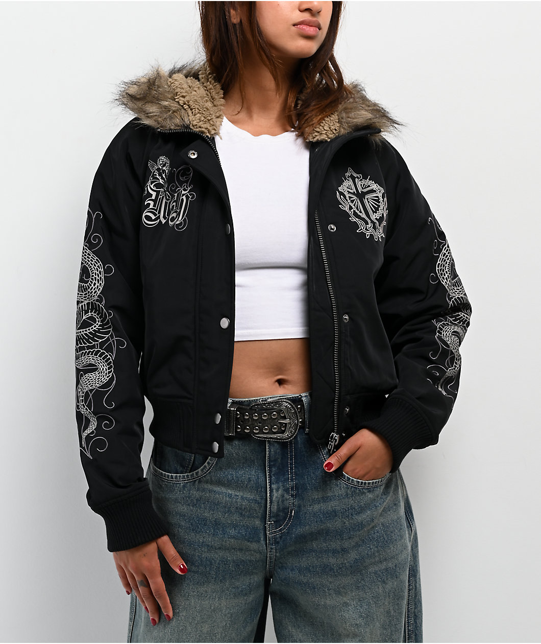 Ninth Hall Ayla Faux Fur Trim Black Hooded Bomber Jacket