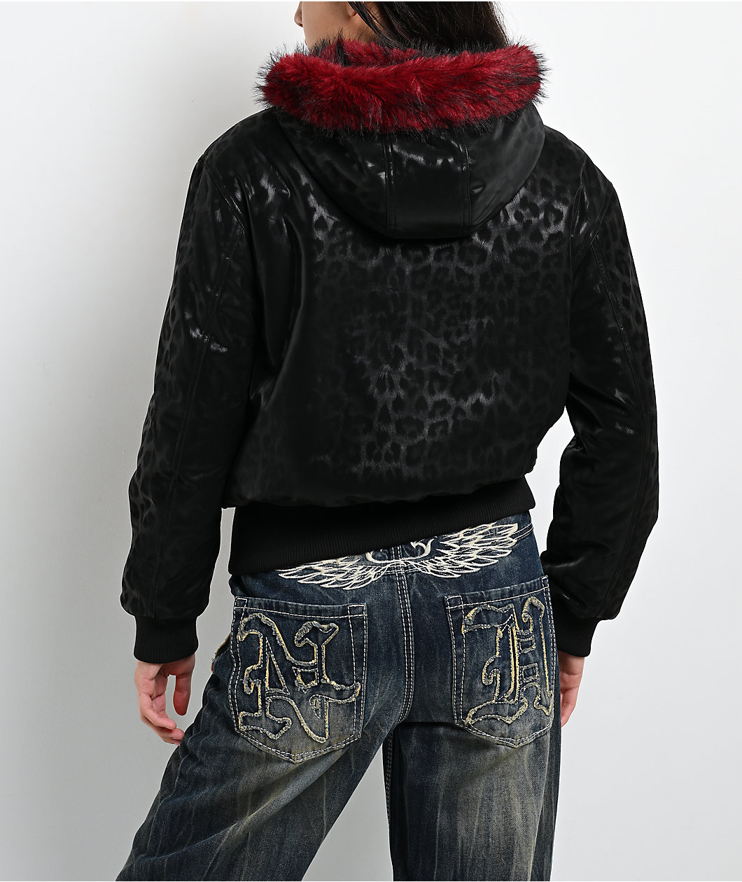 Ninth Hall Bomber Black Leopard & Red Faux Fur Reversible Jacket
