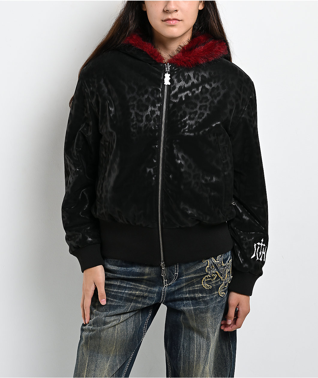 Ninth Hall Bomber Black Leopard & Red Faux Fur Reversible Jacket