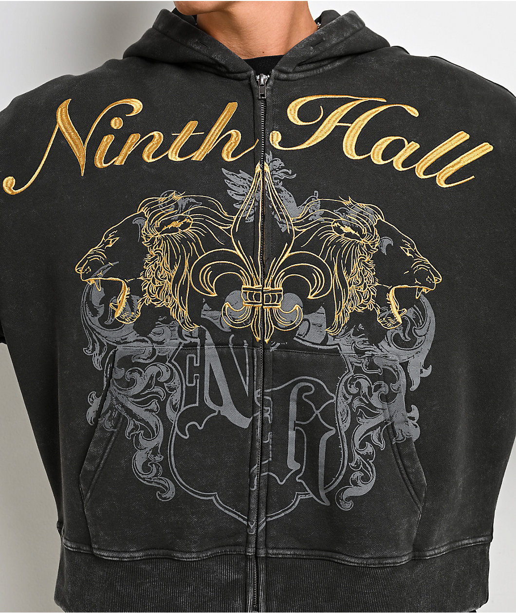 Ninth Hall Brothers Black Wash Crop Zip Hoodie