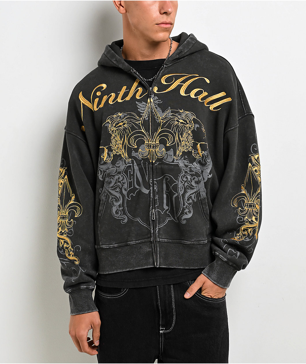 Ninth Hall Brothers Black Wash Crop Zip Hoodie