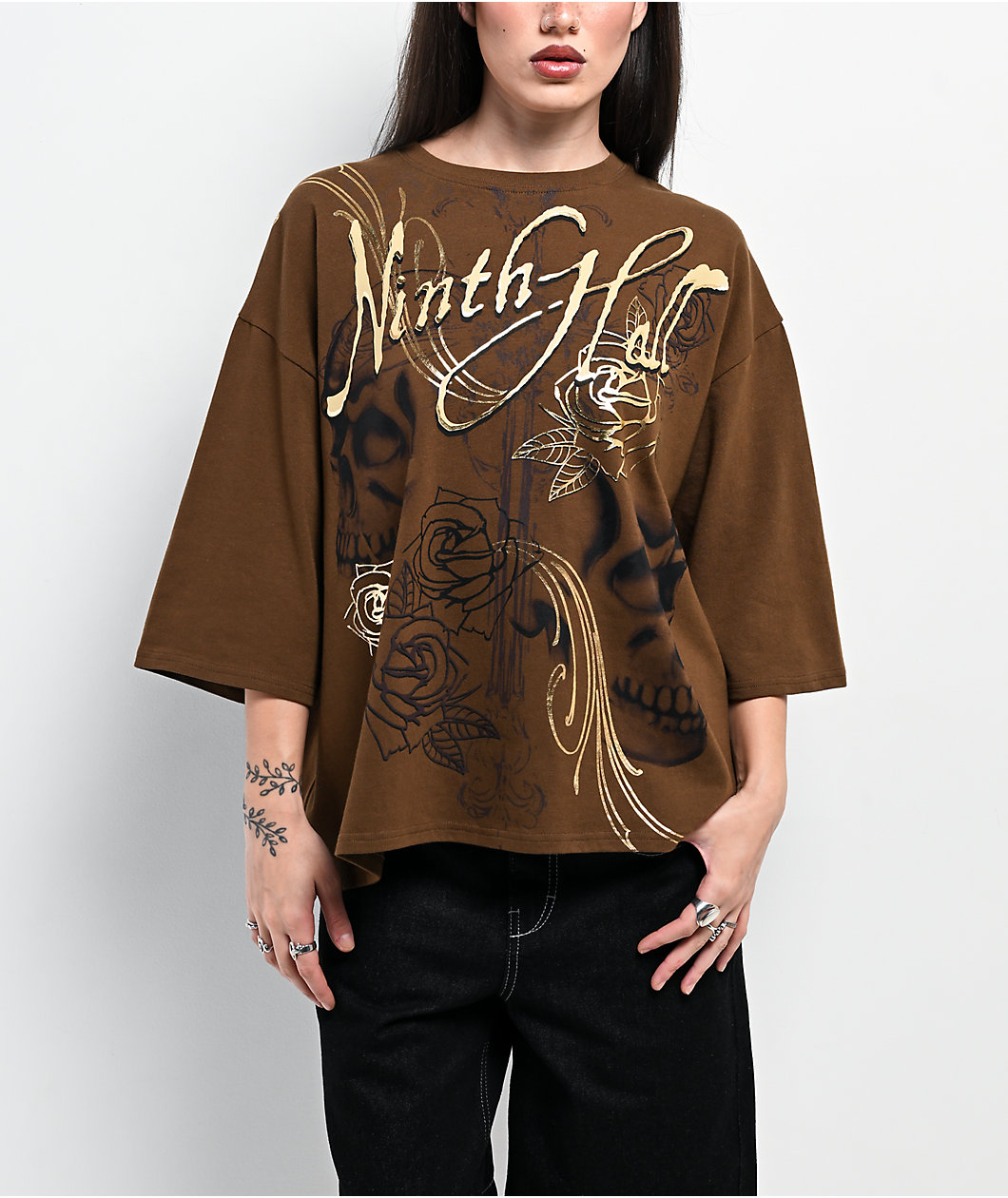 Ninth Hall Ciara Foil Print Brown Oversized Boxy T-Shirt