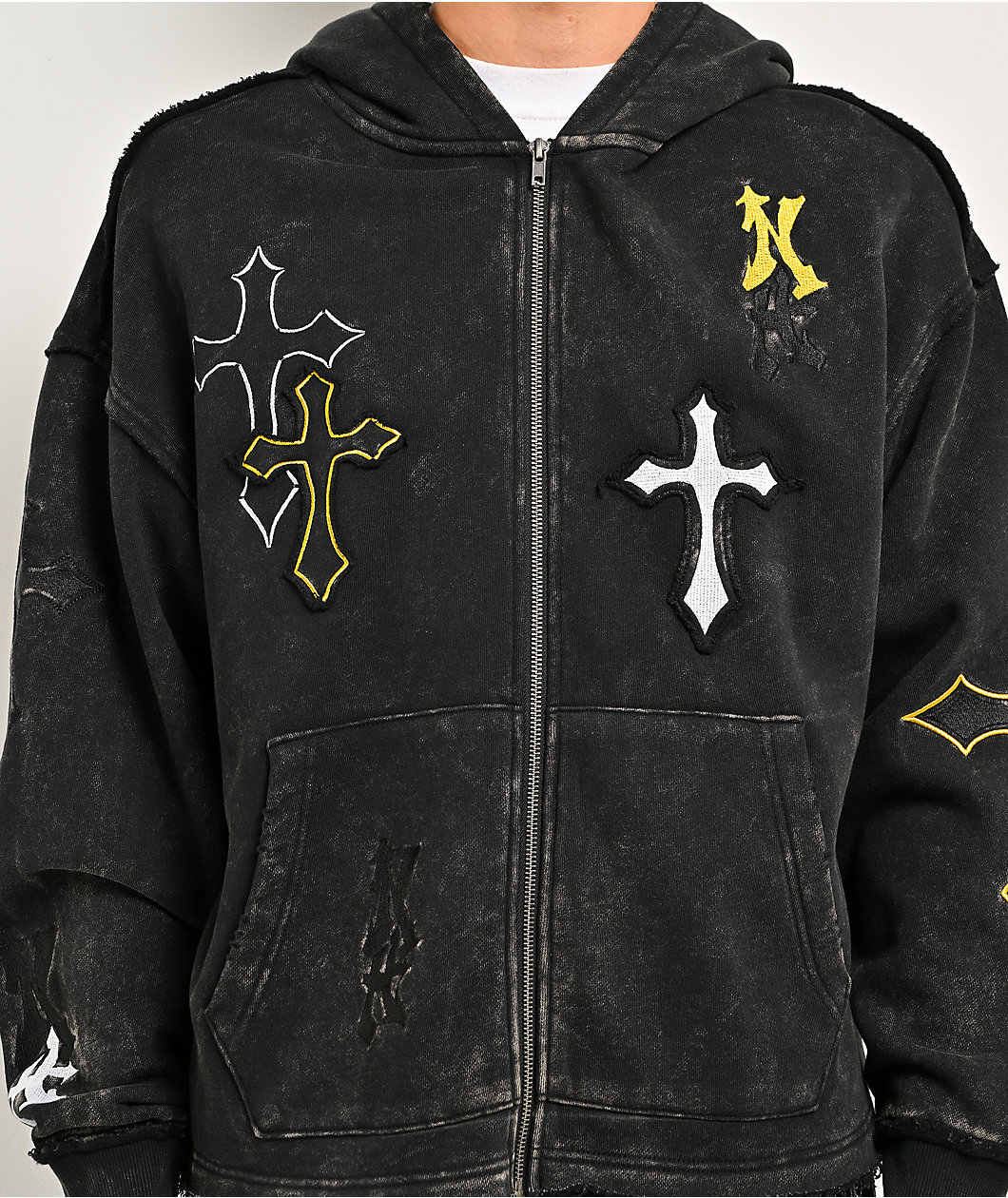 Ninth Hall Cross Black Wash Crop Zip Hoodie