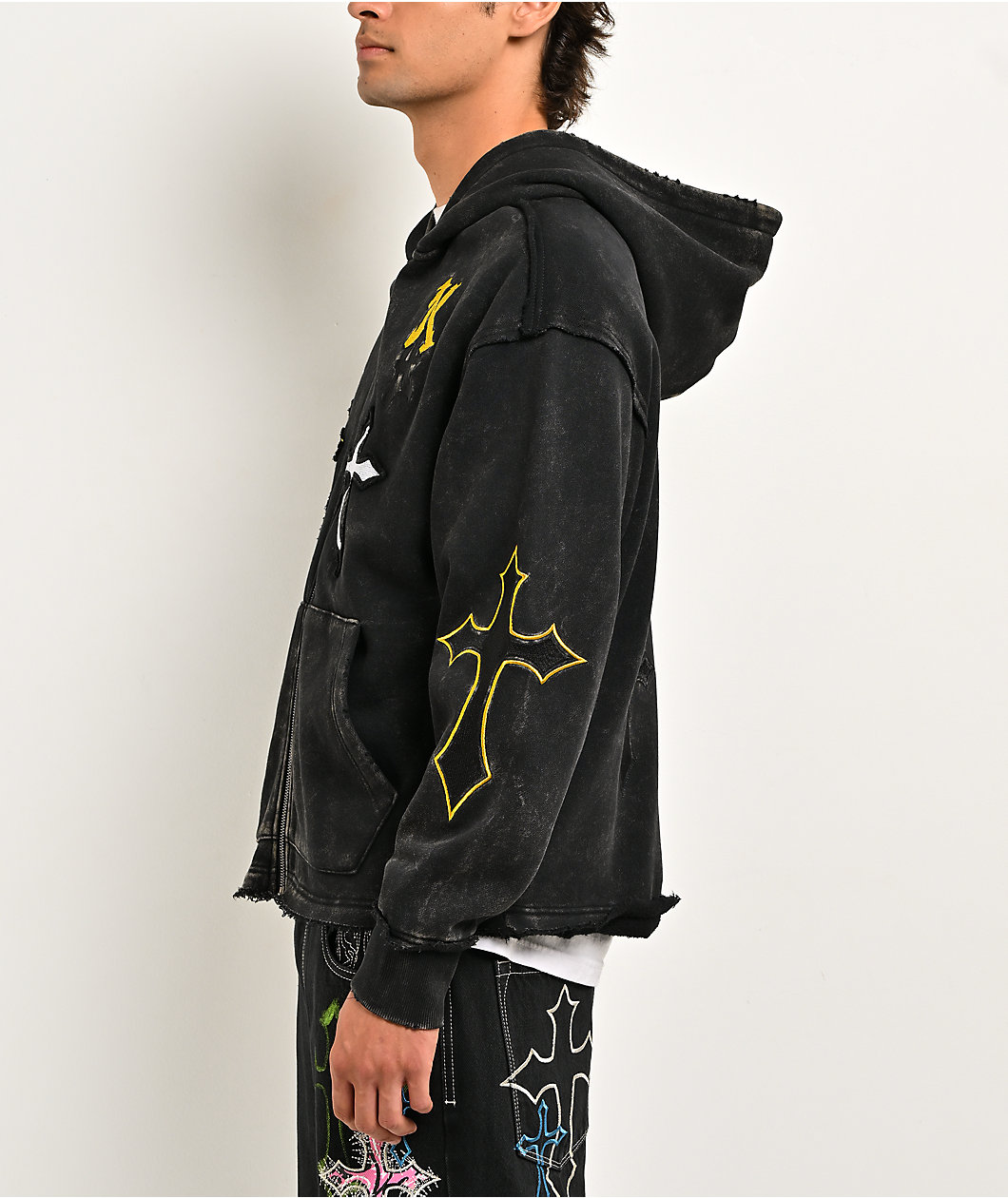 Ninth Hall Cross Black Wash Crop Zip Hoodie