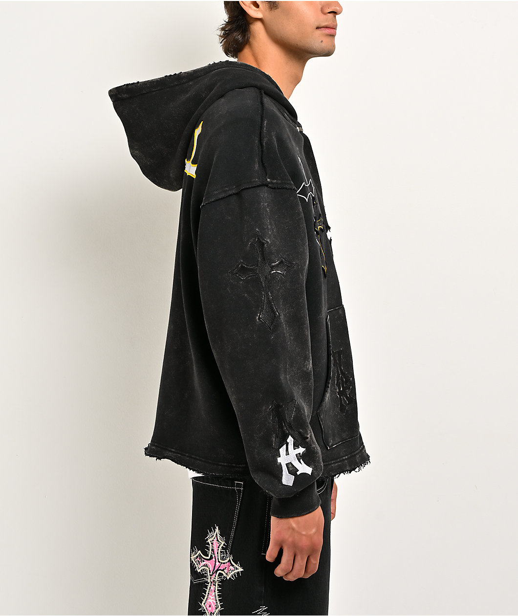 Ninth Hall Cross Black Wash Crop Zip Hoodie