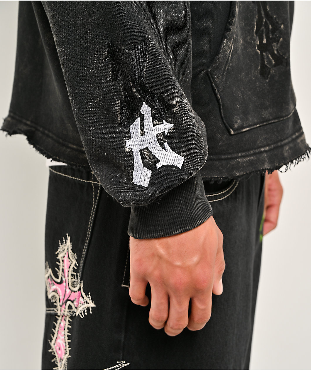 Ninth Hall Cross Black Wash Crop Zip Hoodie