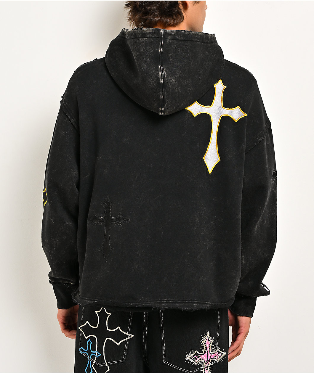 Ninth Hall Cross Black Wash Crop Zip Hoodie