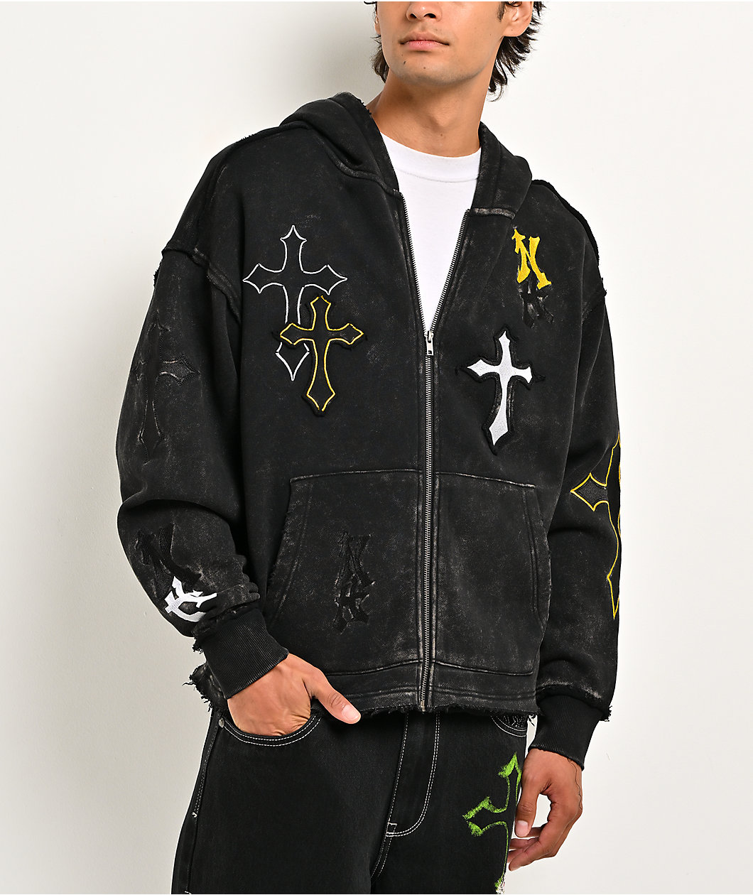 Ninth Hall Cross Black Wash Crop Zip Hoodie