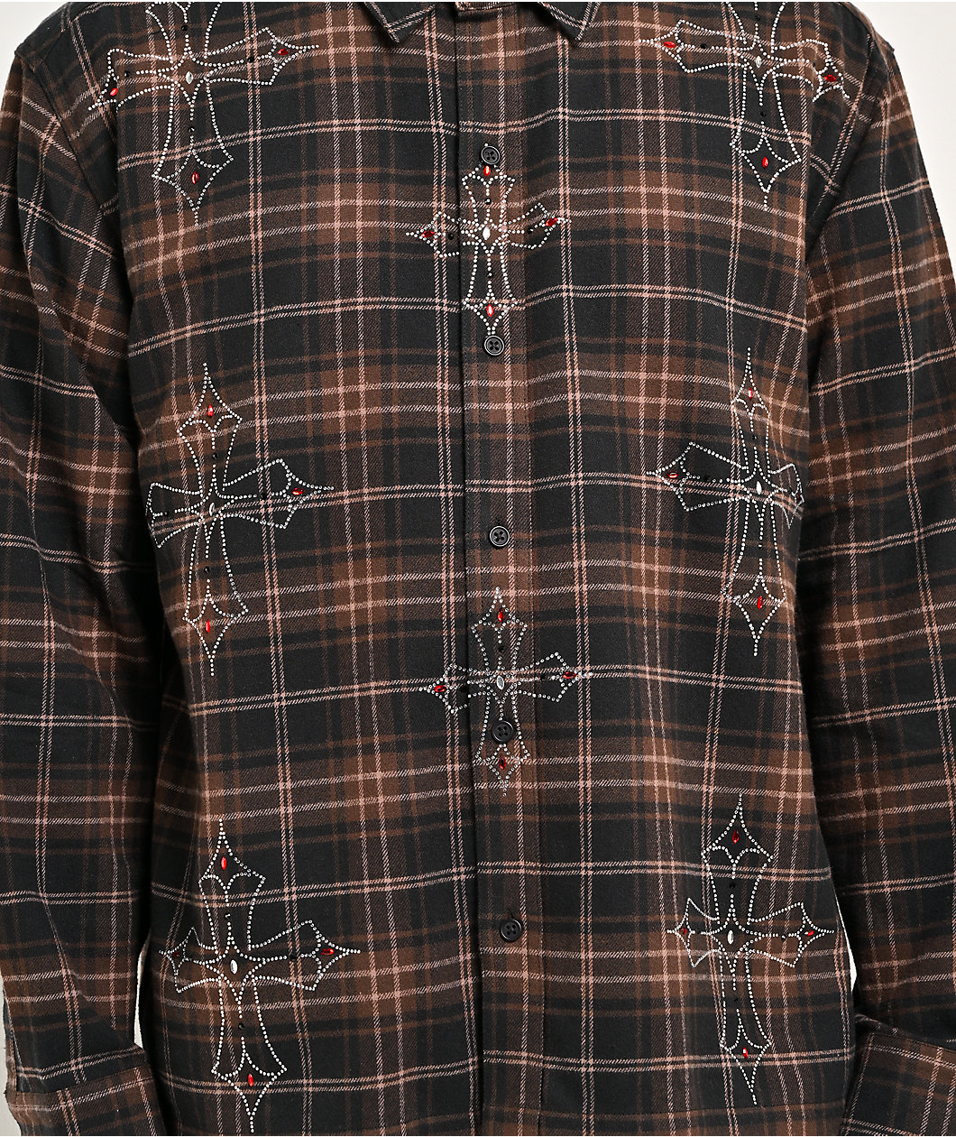Ninth Hall Cross Rhinestone Brown & Black Boxy Flannel Shirt