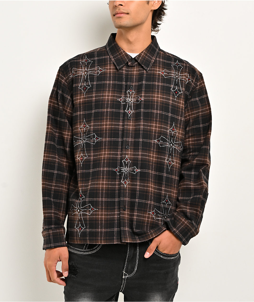 Ninth Hall Cross Rhinestone Brown & Black Boxy Flannel Shirt