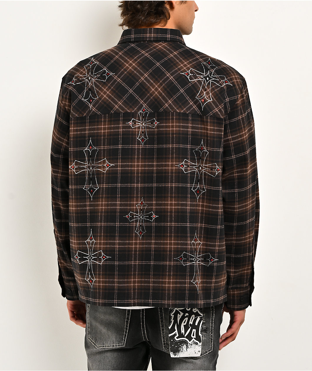 Ninth Hall Cross Rhinestone Brown & Black Boxy Flannel Shirt