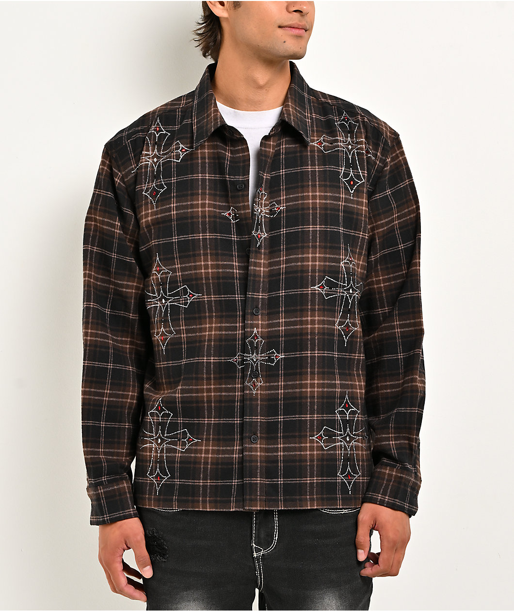 Ninth Hall Cross Rhinestone Brown & Black Boxy Flannel Shirt