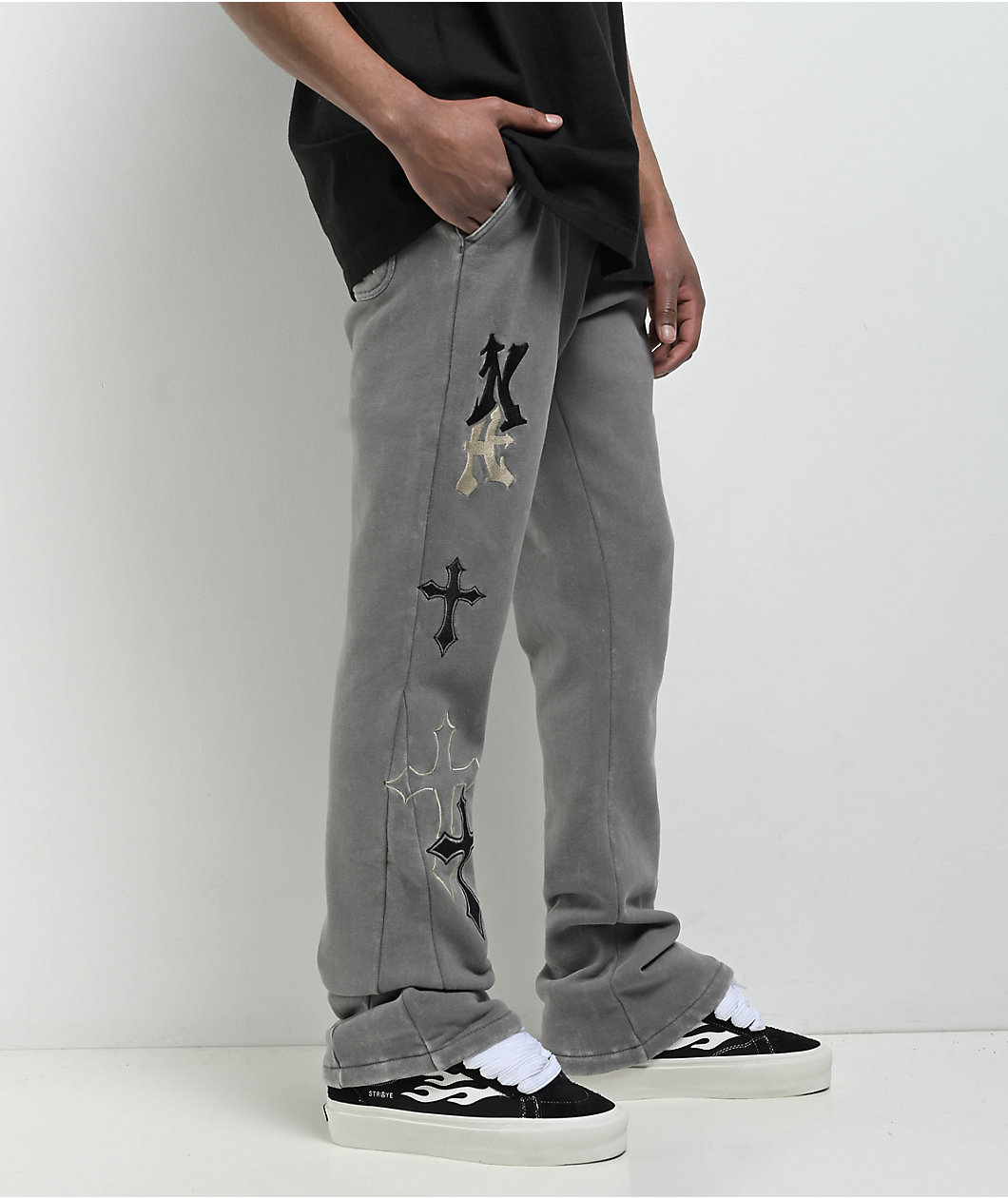Ninth Hall Crosses Grey Wash Stacked Flare Sweatpants