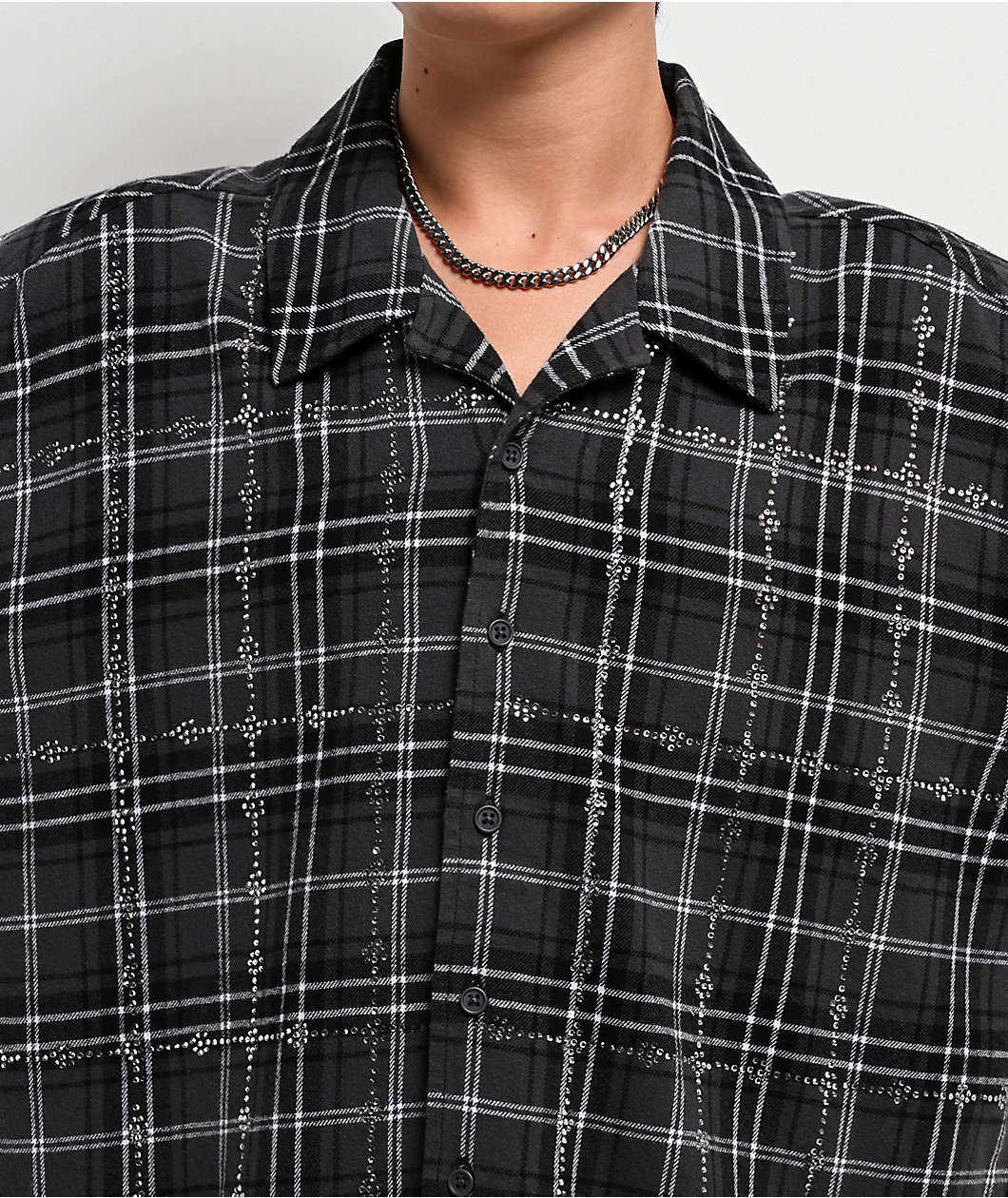 Ninth Hall Crosses and Rhinestones Grey Boxy Long Sleeve Flannel Shirt