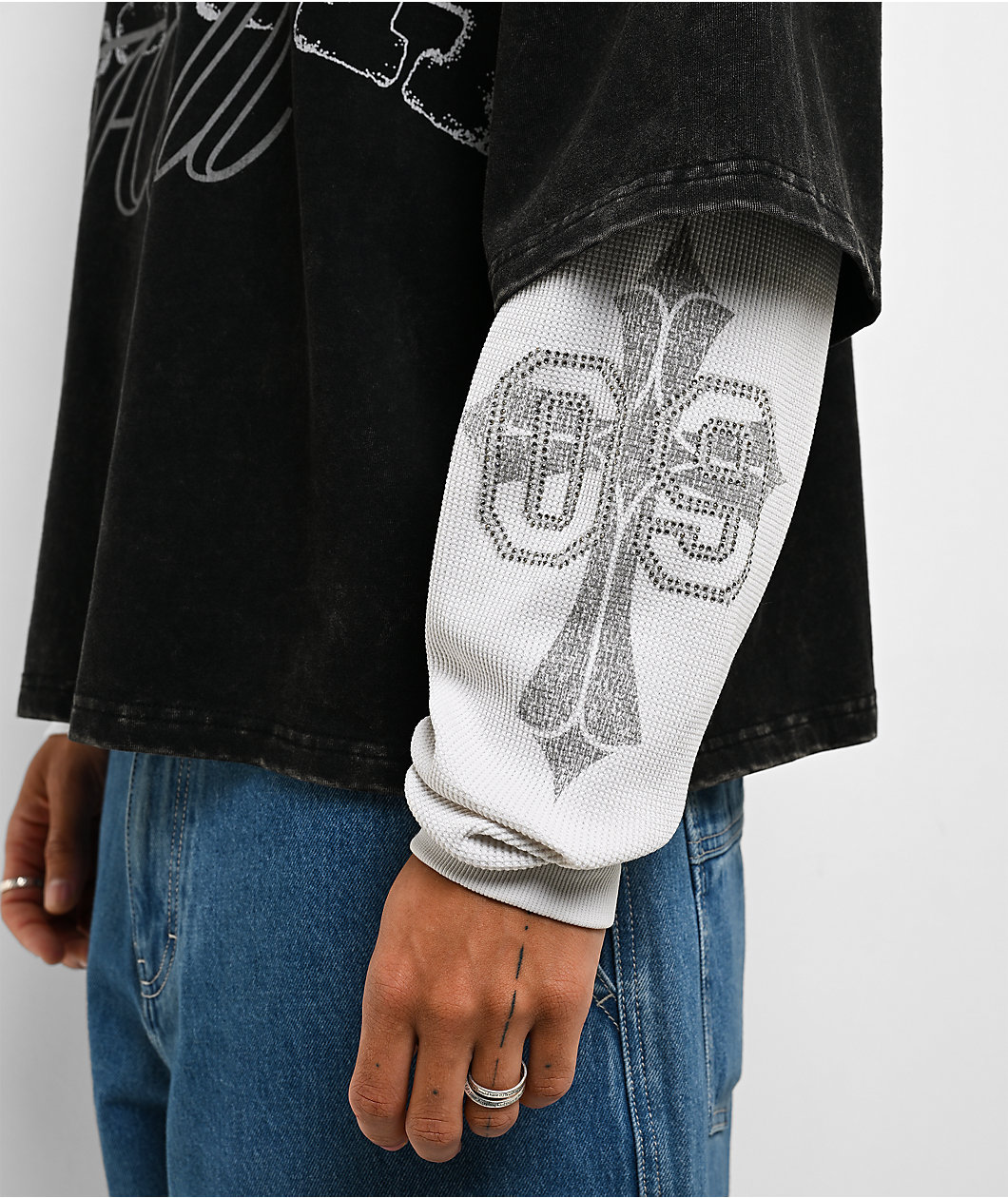 Ninth Hall Crowned Rhinestone Black & White Wash 2fer Long Sleeve Boxy T-Shirt