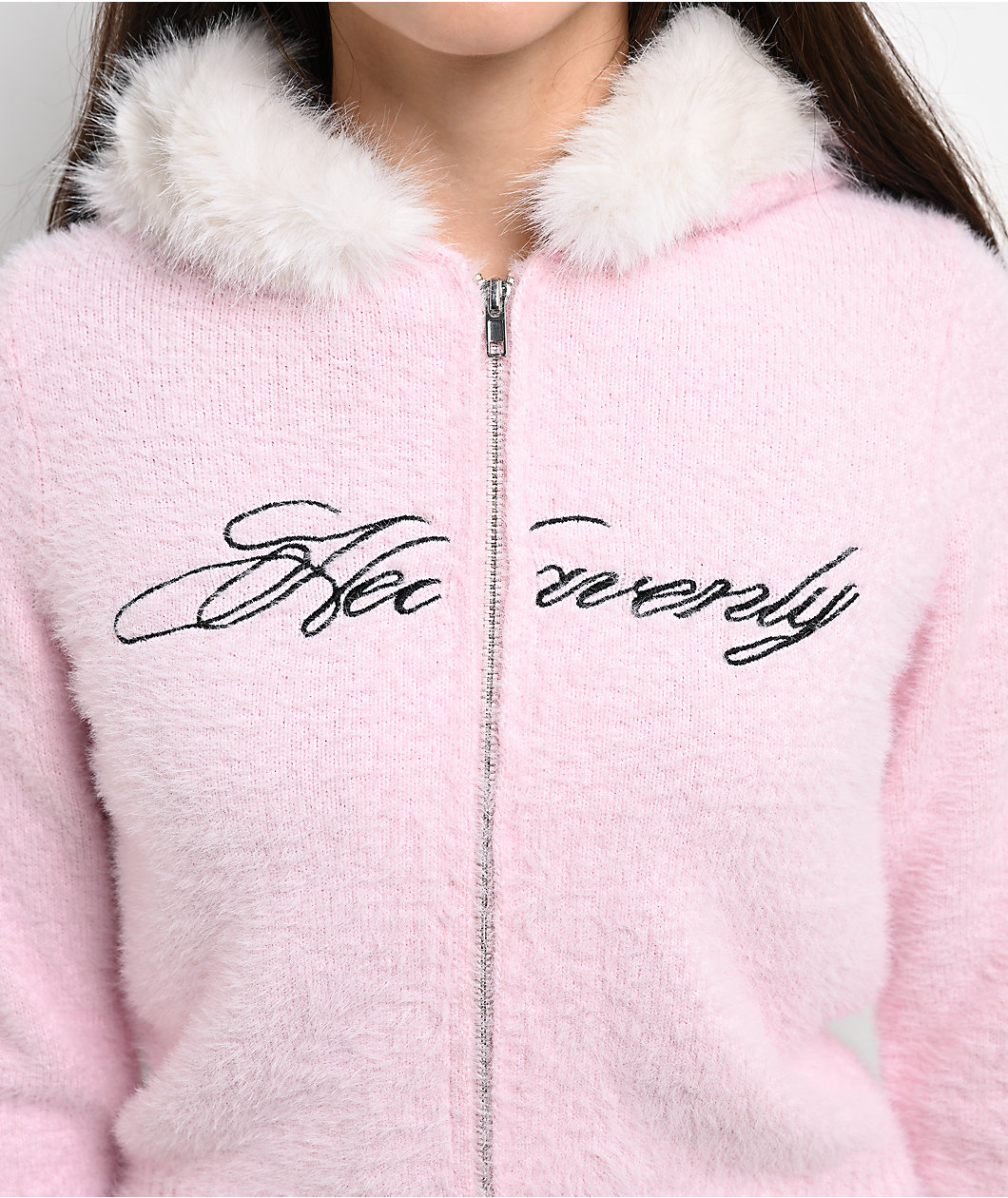 Ninth Hall Crystal Angel Pink Faux Fur Crop Zip Sweater