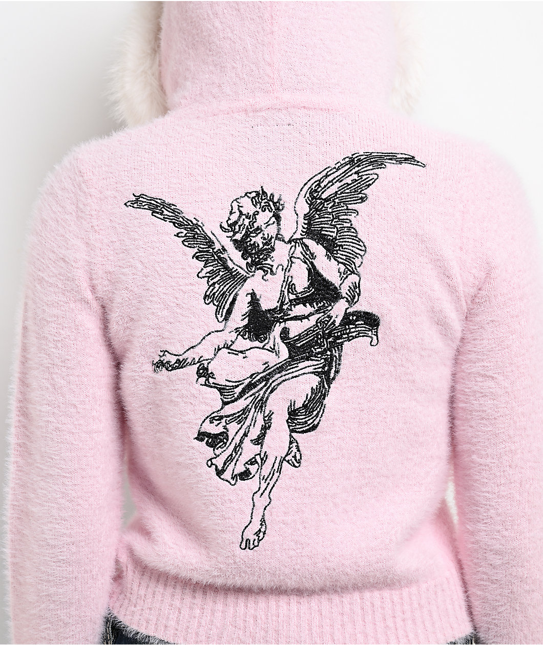 Ninth Hall Crystal Angel Pink Faux Fur Crop Zip Sweater