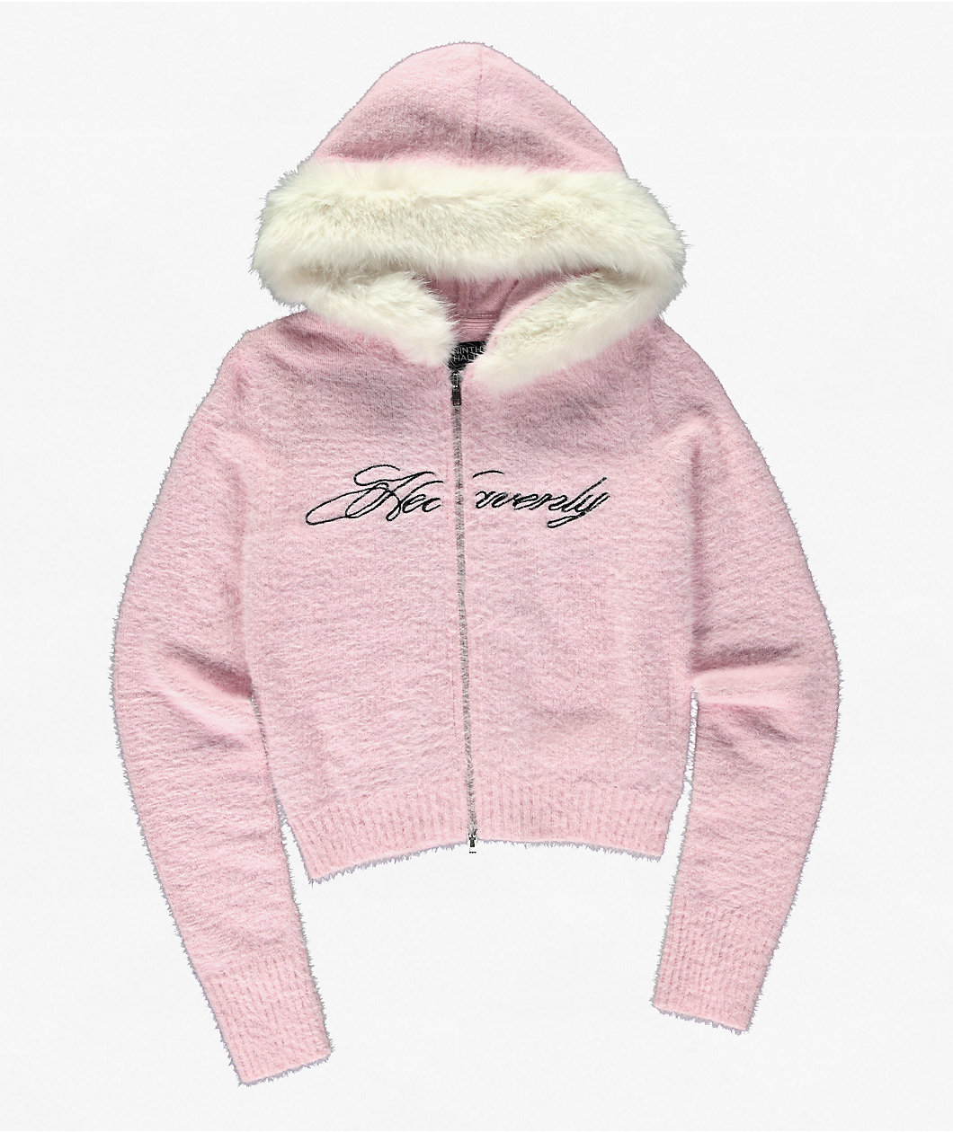 Ninth Hall Crystal Angel Pink Faux Fur Crop Zip Sweater