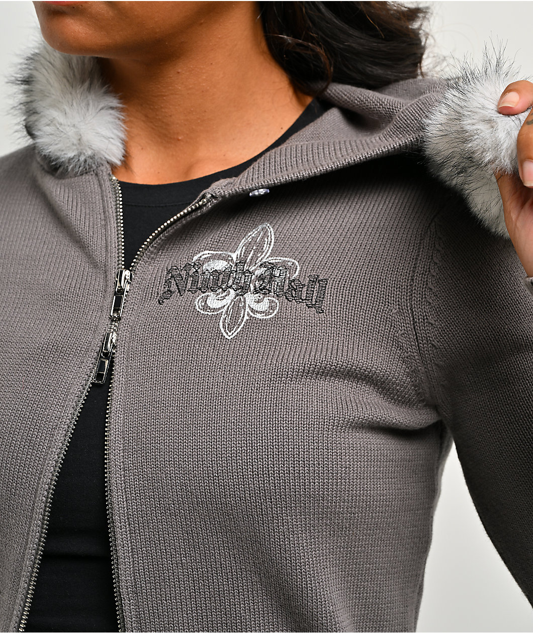 Ninth Hall Crystal Grey Faux Fur Crop Zip Sweater