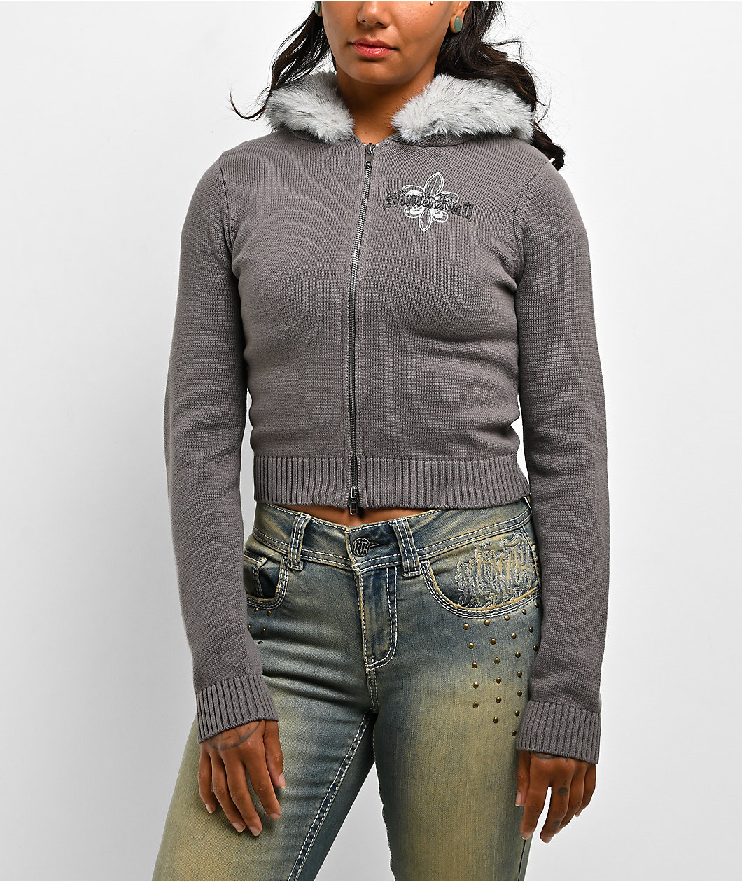 Ninth Hall Crystal Grey Faux Fur Crop Zip Sweater
