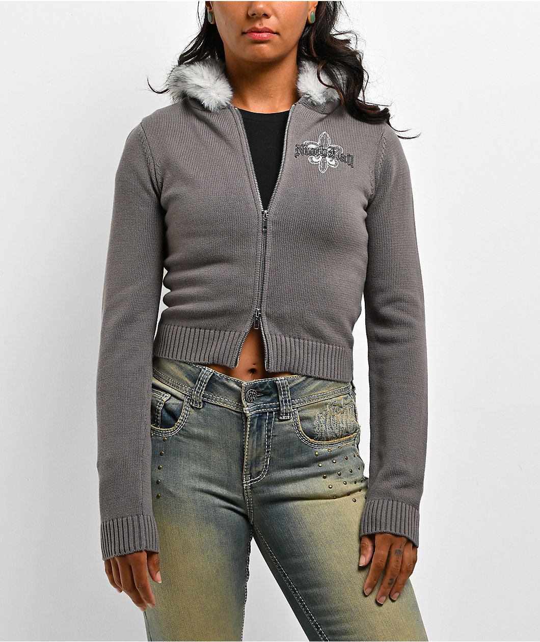 Ninth Hall Crystal Grey Faux Fur Crop Zip Sweater