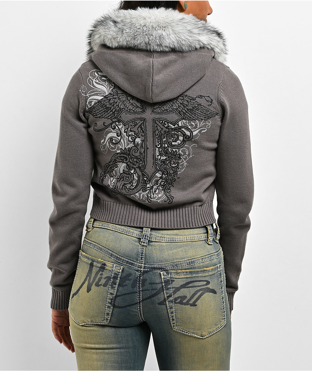 Ninth Hall Crystal Grey Faux Fur Crop Zip Sweater