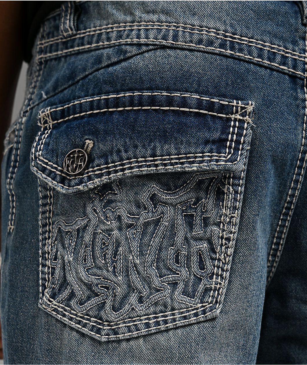 Ninth Hall Defender Applique Crosses Reverent Blue Flare Jeans