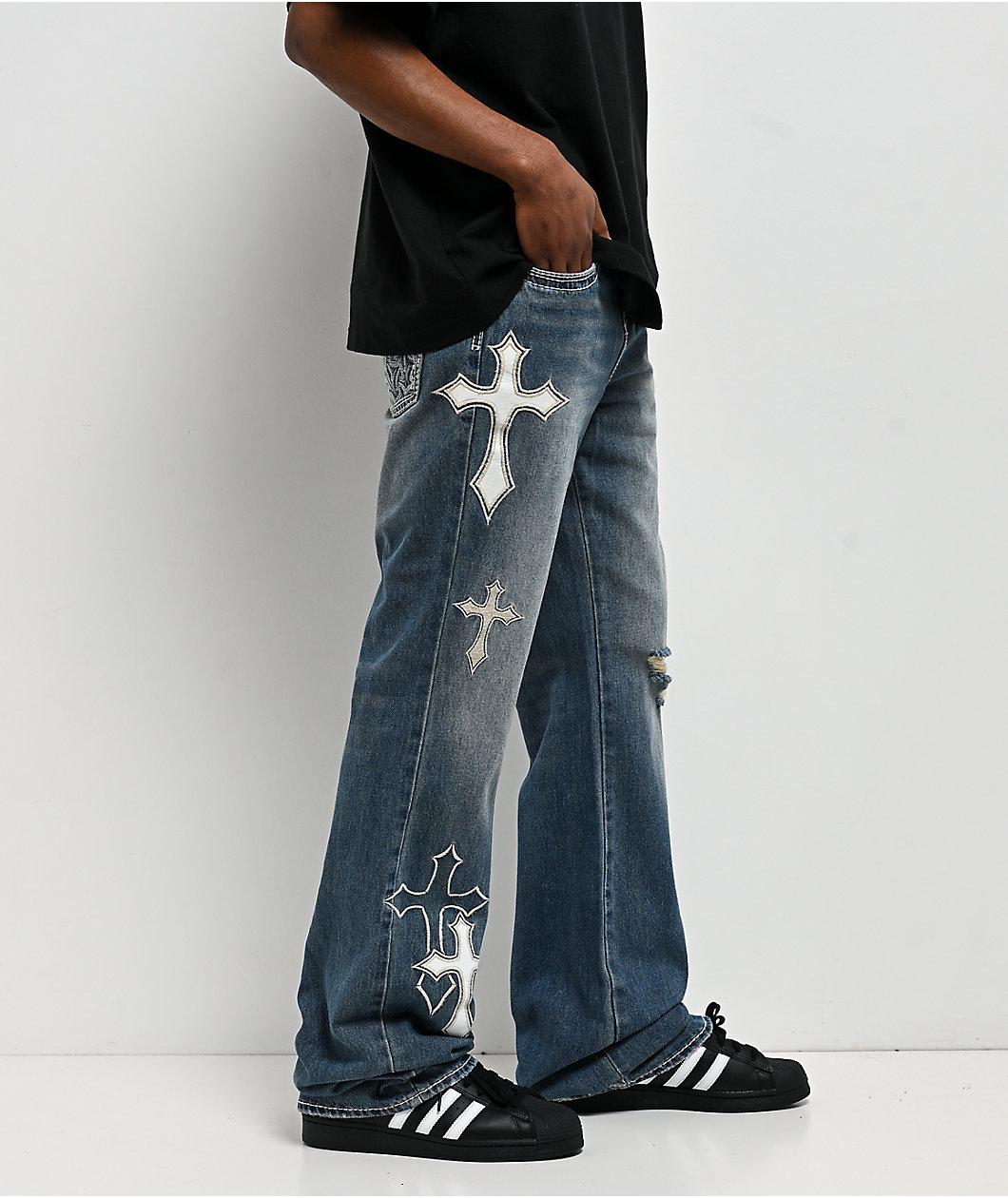Ninth Hall Defender Applique Crosses Reverent Blue Flare Jeans